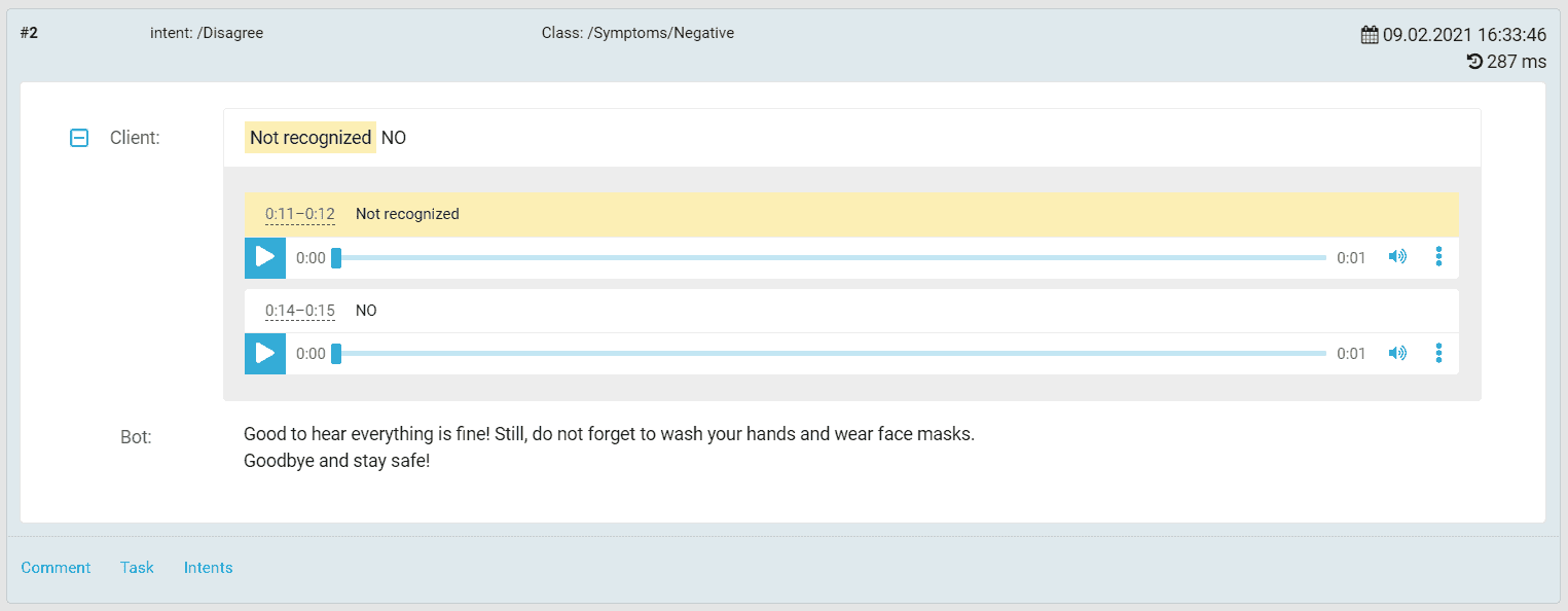 The client phrase recording and the bot response