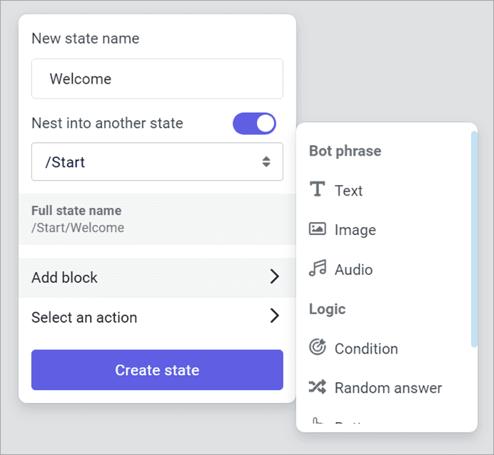 State creation menu