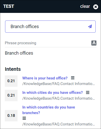 When prompted with the phrase “Branch offices”, the test widget displays a list of suitable intents with various scores.